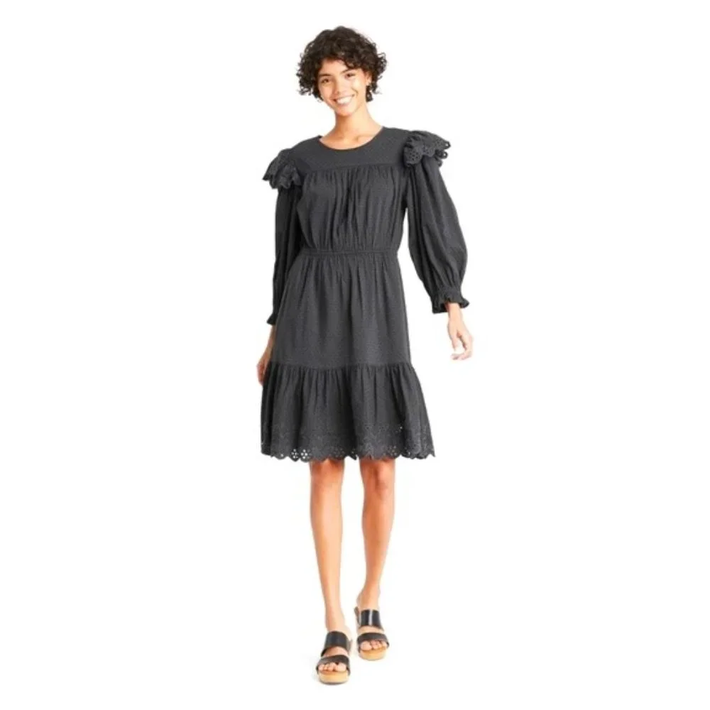 XL Eyelet Ruffle Long-sleeve Dress Dark Gray/Black Dark Cottagecore - Ravencore - Picture 1 of 11